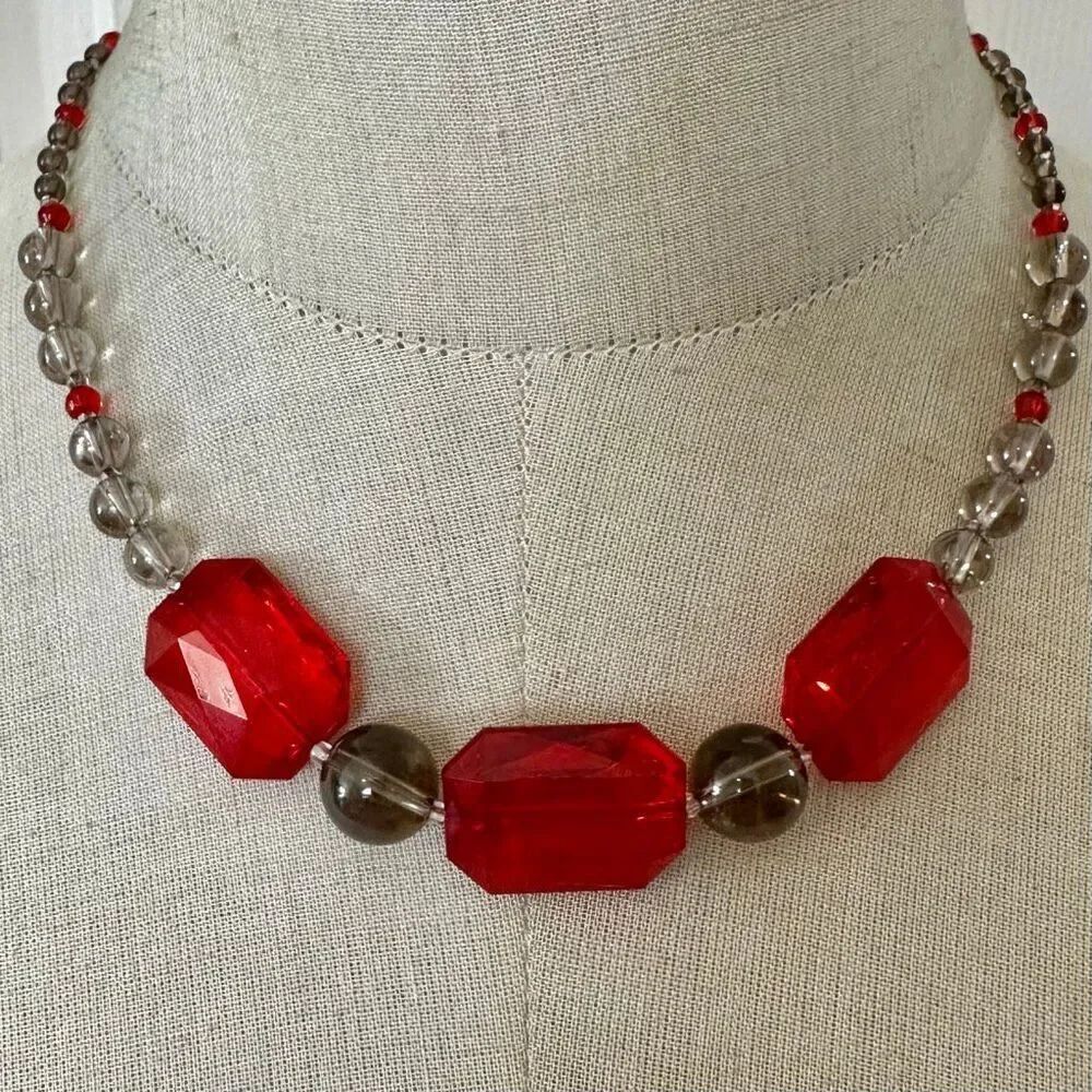 Smoky Glass & Red Acrylic Bead Statement Necklace sterling clasp